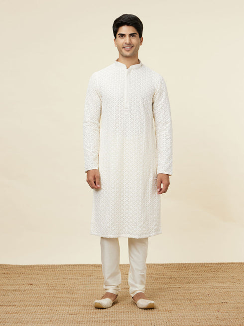 Manyavar Bright Cream Floral Chikankari Embroidered Kurta Set