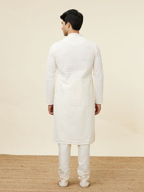 Manyavar Bright Cream Floral Chikankari Embroidered Kurta Set