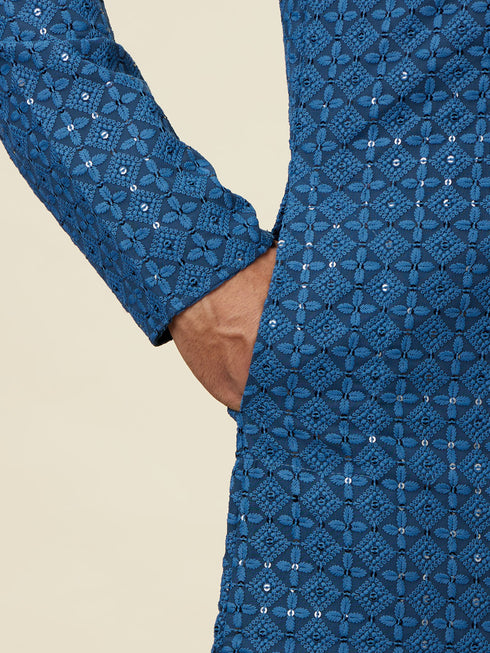 Manyavar Teal Blue Floral Chikankari Embroidered Kurta Set