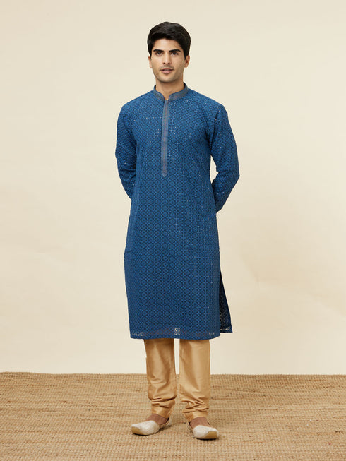 Manyavar Teal Blue Floral Chikankari Embroidered Kurta Set