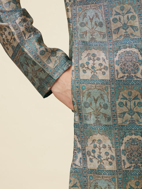 Manyavar Marble Blue Tree Of Life Print Kurta Set