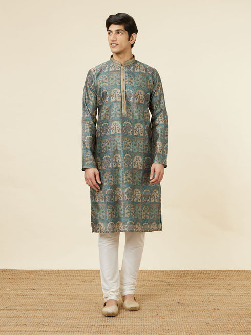 Manyavar Marble Blue Tree Of Life Print Kurta Set