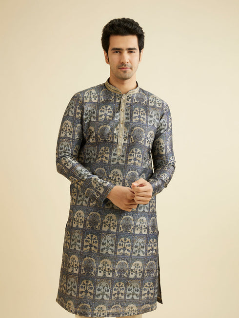 Manyavar Oxford Blue Tree Of Life Printed Kurta Set