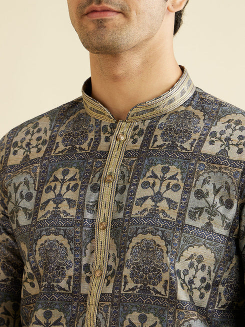 Manyavar Oxford Blue Tree Of Life Printed Kurta Set