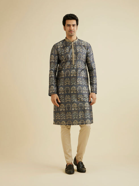 Manyavar Oxford Blue Tree Of Life Printed Kurta Set
