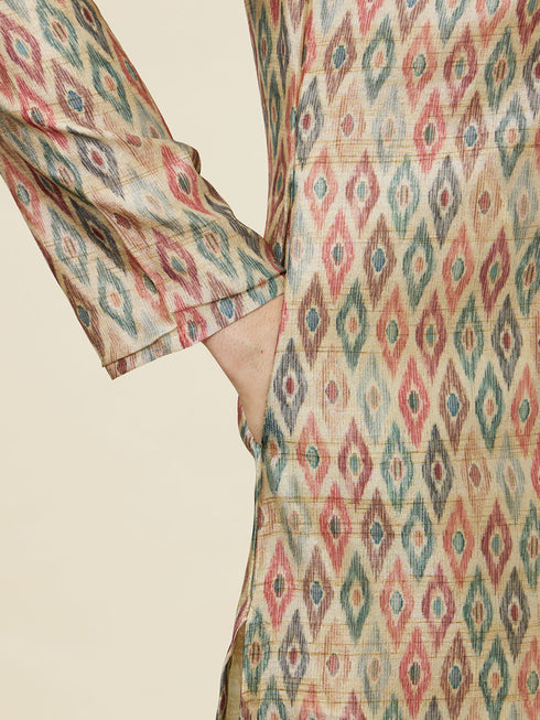 Manyavar Pista Green and Beige Diamond Patterned Kurta Set