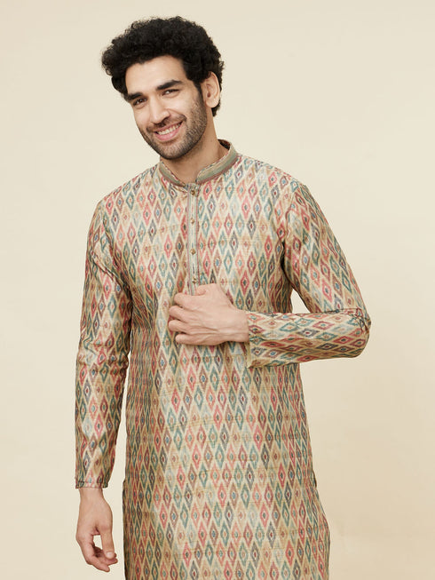 Manyavar Pista Green and Beige Diamond Patterned Kurta Set