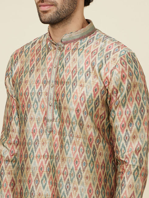 Manyavar Pista Green and Beige Diamond Patterned Kurta Set