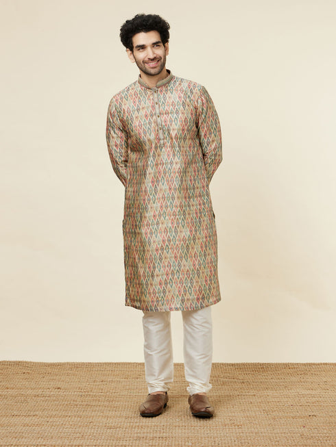 Manyavar Pista Green and Beige Diamond Patterned Kurta Set