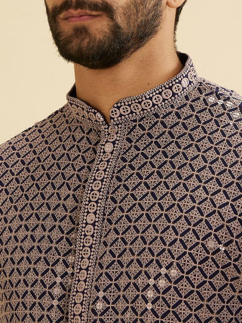 Manyavar Steel Grey Grid Patterned Sequinned Kurta Set