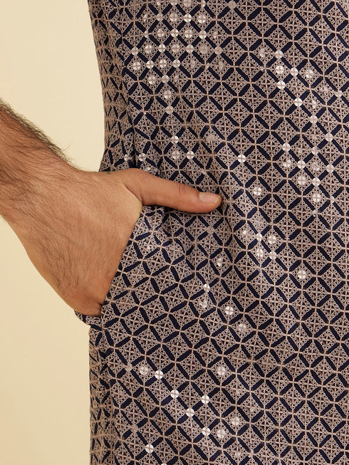 Manyavar Steel Grey Grid Patterned Sequinned Kurta Set