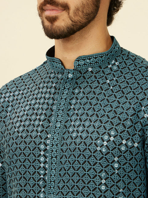 Manyavar Teal Blue Chikankari Kurta Set
