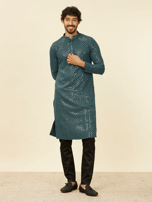 Manyavar Teal Blue Chikankari Kurta Set
