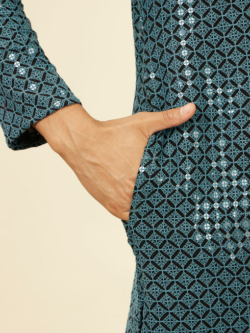 Manyavar Teal Blue Chikankari Kurta Set