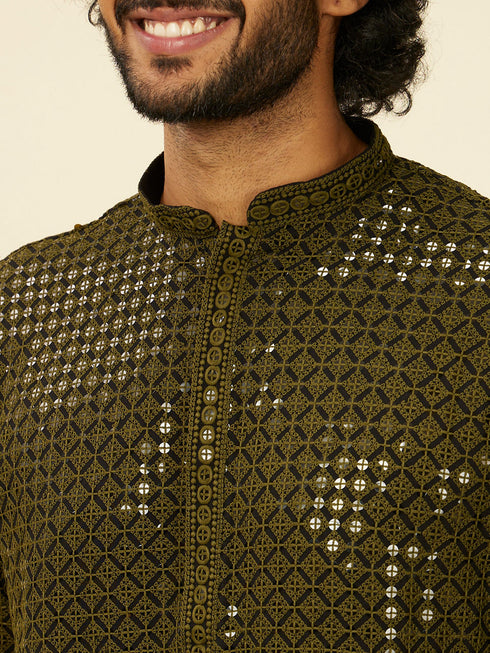 Manyavar Olive Green Chikankari Kurta Set