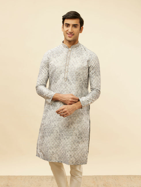 Manyavar Cloud Grey Abstract Print Foil Work Kurta Set