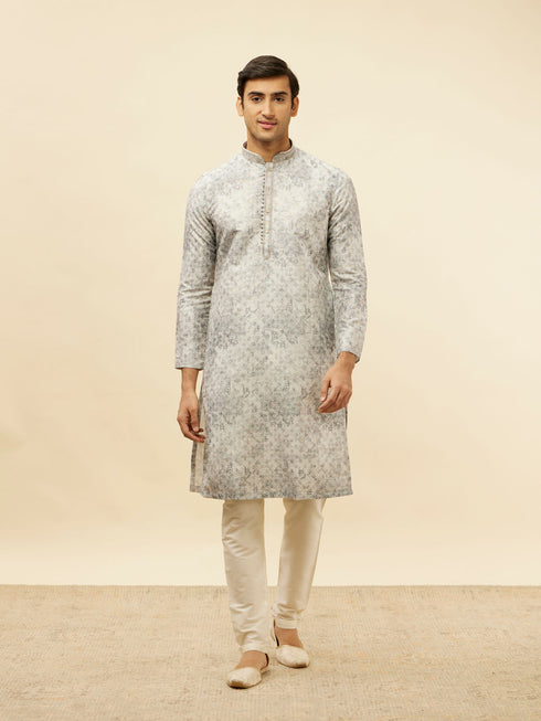 Manyavar Cloud Grey Abstract Print Foil Work Kurta Set