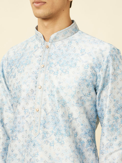 Manyavar Aquamarine Blue Watercolor Effect Printed Kurta Set