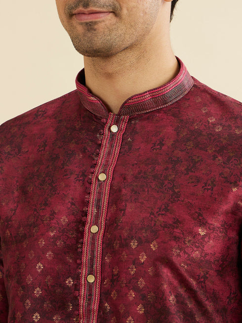 Manyavar Maroon Red Foil Print Buta Printed Kurta Set