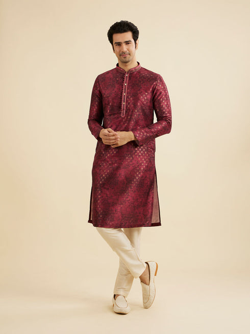 Manyavar Maroon Red Foil Print Buta Printed Kurta Set