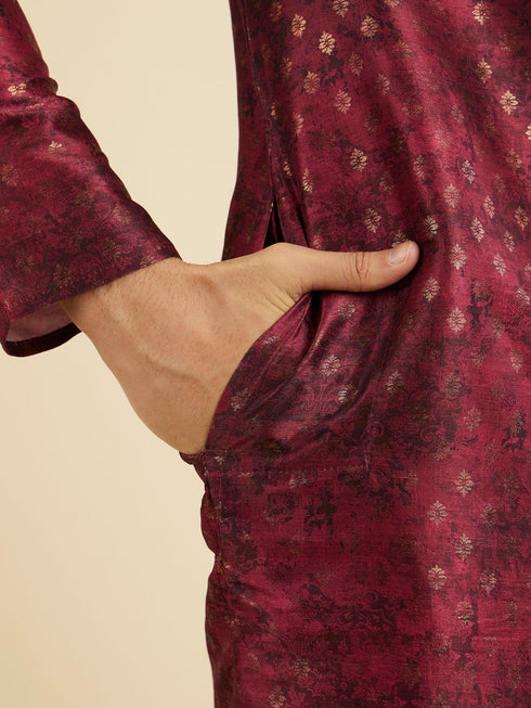 Manyavar Maroon Red Foil Print Buta Printed Kurta Set