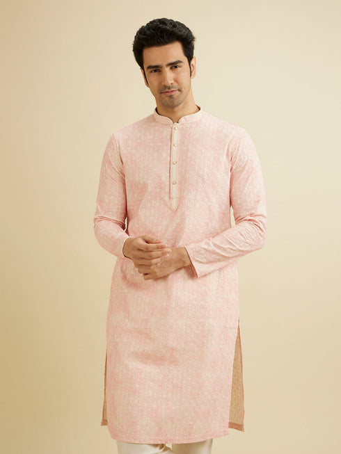 Manyavar Baby Pink Chikankari Patterned Kurta Set