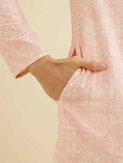 Manyavar Baby Pink Chikankari Patterned Kurta Set