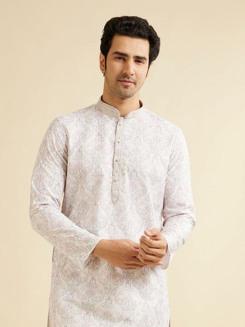 Manyavar Pink & Warm White Chikankari Inspired Floral Buta Print Kurta Set