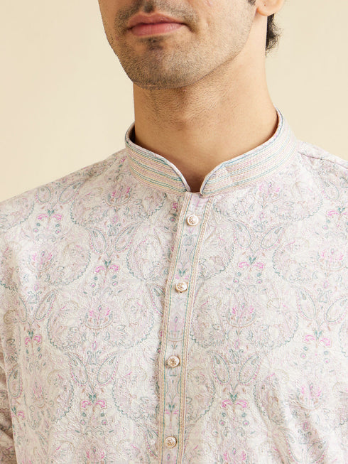 Manyavar Pink & Warm White Chikankari Inspired Floral Buta Print Kurta Set
