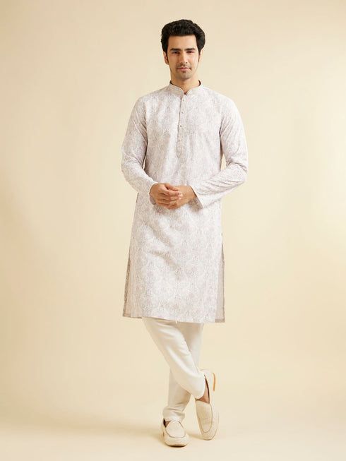 Manyavar Pink & Warm White Chikankari Inspired Floral Buta Print Kurta Set