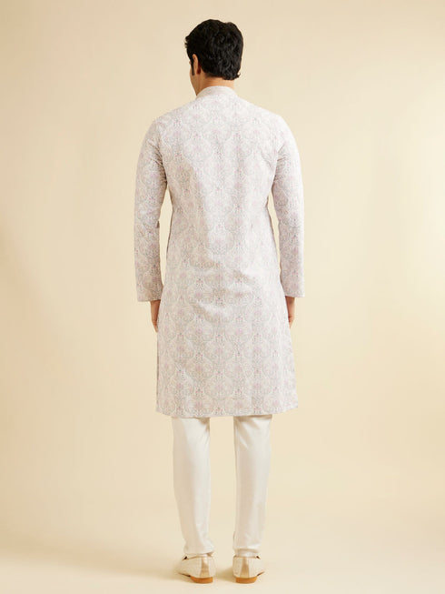 Manyavar Pink & Warm White Chikankari Inspired Floral Buta Print Kurta Set
