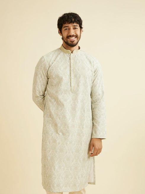 Manyavar Soft Green Chikankari Inspired Floral Buta Print Kurta Set
