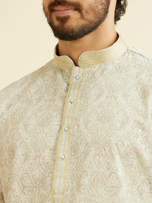 Manyavar Soft Green Chikankari Inspired Floral Buta Print Kurta Set