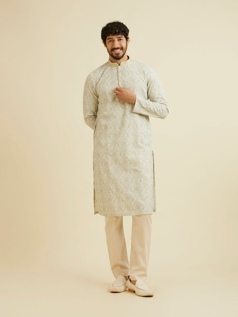Manyavar Soft Green Chikankari Inspired Floral Buta Print Kurta Set