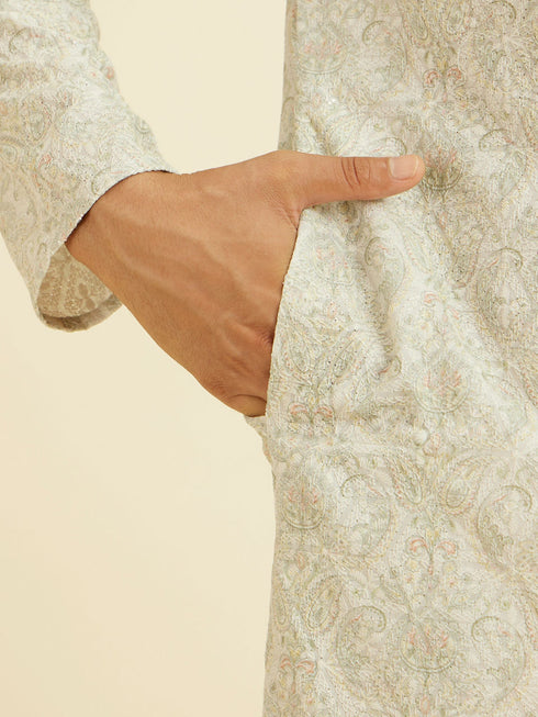 Manyavar Soft Green Chikankari Inspired Floral Buta Print Kurta Set