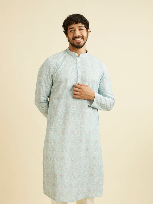 Manyavar Aqua Green Chikankari Inspired Floral Buta Print Kurta Set