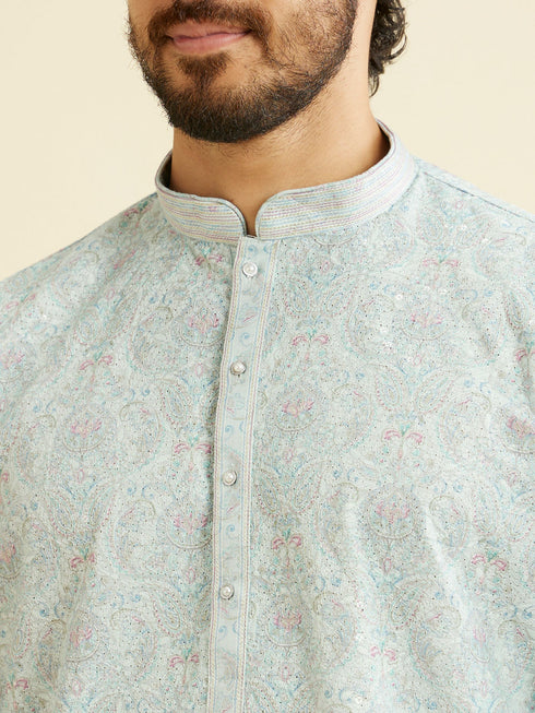 Manyavar Aqua Green Chikankari Inspired Floral Buta Print Kurta Set