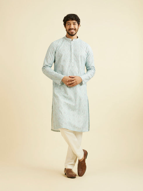 Manyavar Aqua Green Chikankari Inspired Floral Buta Print Kurta Set