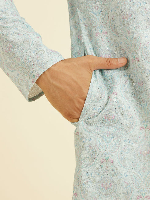 Manyavar Aqua Green Chikankari Inspired Floral Buta Print Kurta Set