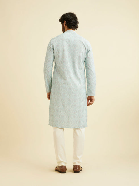 Manyavar Aqua Green Chikankari Inspired Floral Buta Print Kurta Set