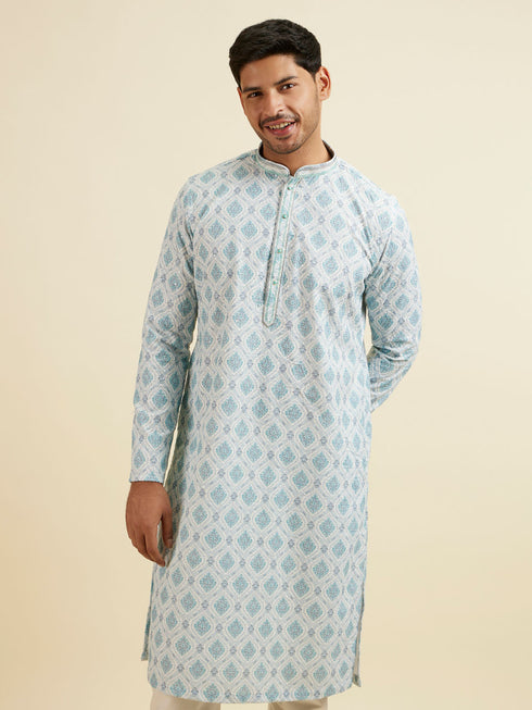 Manyavar Light Blue Jaal and Medallion Patterned Kurta Set