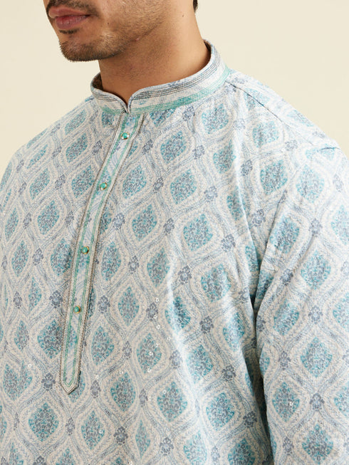 Manyavar Light Blue Jaal and Medallion Patterned Kurta Set