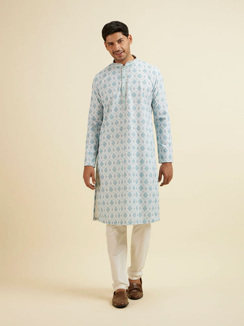 Manyavar Light Blue Jaal and Medallion Patterned Kurta Set
