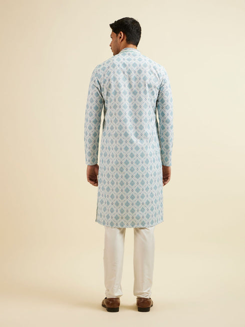 Manyavar Light Blue Jaal and Medallion Patterned Kurta Set