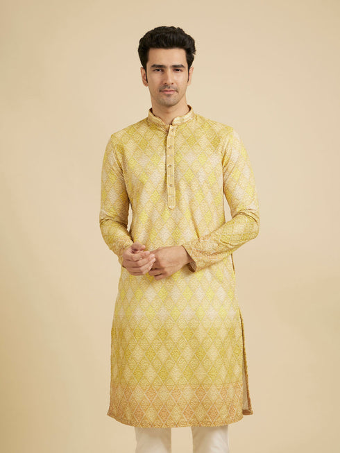 Manyavar Mustard Yellow Ogee Pattern Chikankari Inspired Ditsy Print Kurta Set