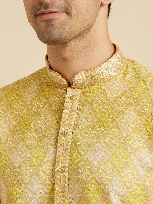 Manyavar Mustard Yellow Ogee Pattern Chikankari Inspired Ditsy Print Kurta Set