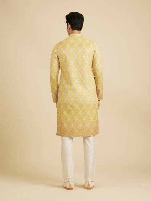 Manyavar Mustard Yellow Ogee Pattern Chikankari Inspired Ditsy Print Kurta Set