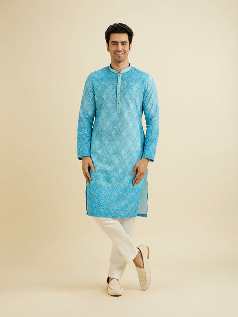 Manyavar Light Blue Blended Cotton Kurta Pajama