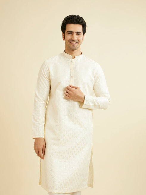 Manyavar Warm White Kurta Set with Patra Work