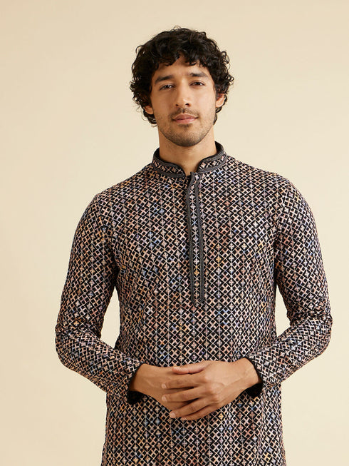 Manyavar Black and Beige Chikankari Grid Print Kurta Set